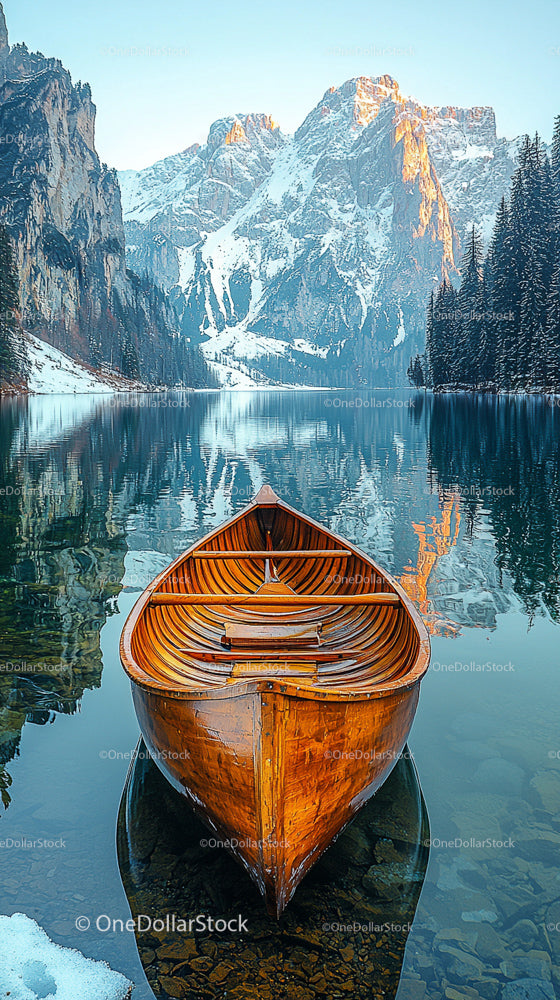 Serene Wooden Boat on Mirror-like Mountain Lake
