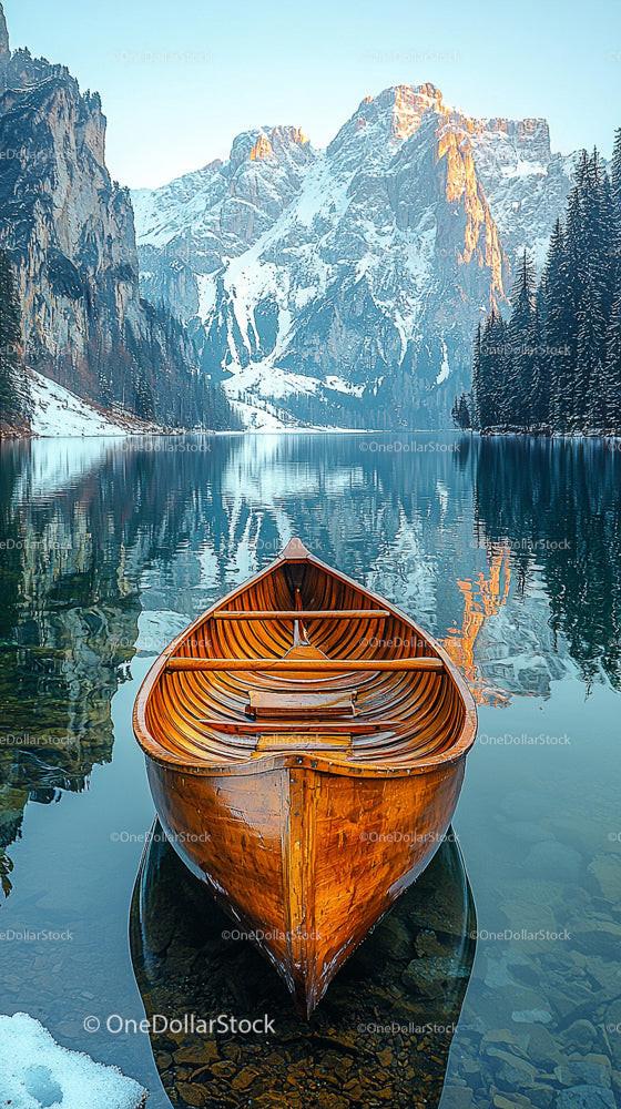 Serene Wooden Boat on Mirror-like Mountain Lake