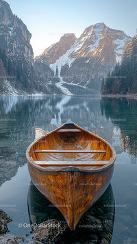 Wooden Boat on Tranquil Mountain Lake with Snowy Peaks