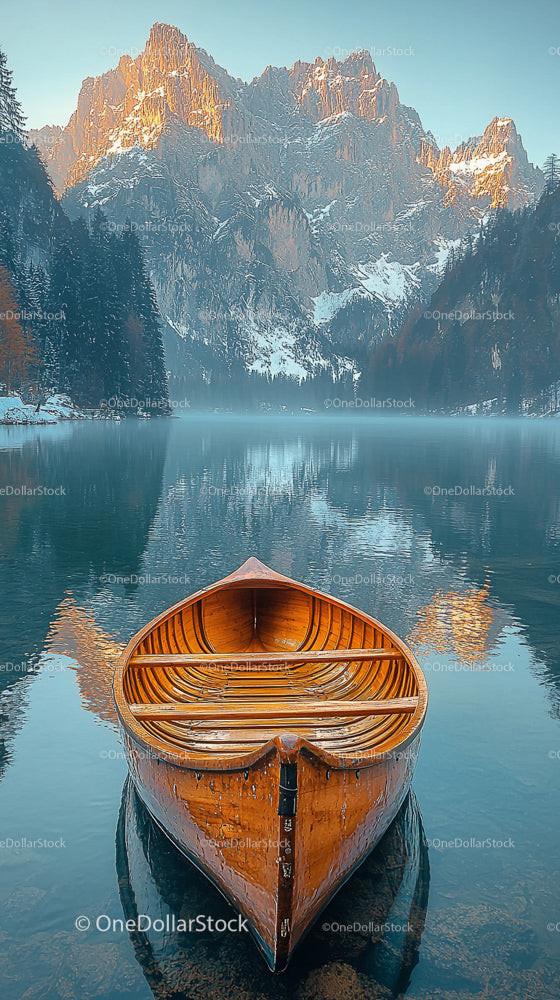 Serene Alpine Lake with Wooden Canoe and Mountain Reflection