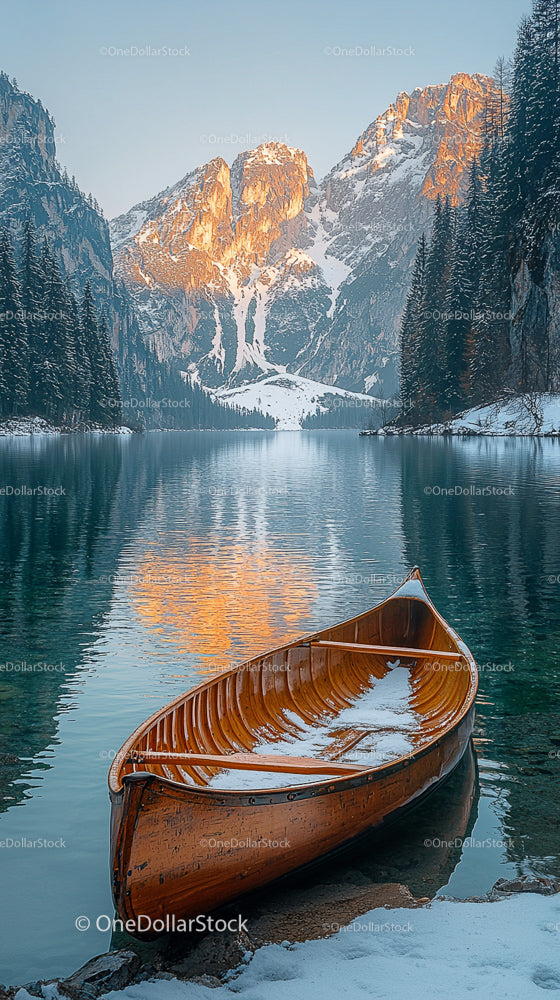Wooden Boat on Tranquil Mountain Lake at Sunset