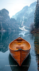Wooden Boat on Tranquil Lake with Snowy Mountain View