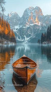 Wooden Canoe on Tranquil Mountain Lake at Sunset