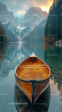 Tranquil Canoe on a Serene Mountain Lake at Dawn
