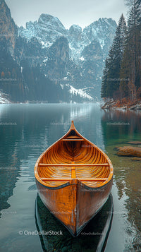 Tranquil Wooden Canoe on a Serene Alpine Lake