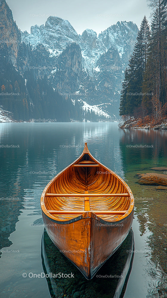 Tranquil Wooden Canoe on a Serene Alpine Lake