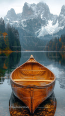 Wooden Canoe on Tranquil Mountain Lake with Snowy Peaks