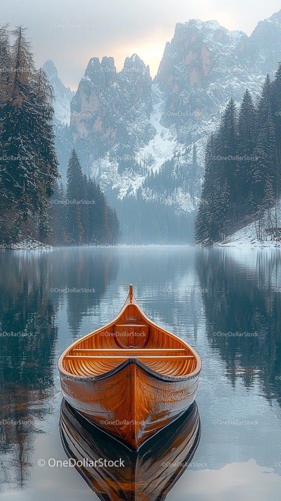 Wooden Boat on Tranquil Alpine Lake with Snowy Mountains