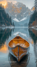 Wooden Boat on Serene Lake Amidst Majestic Mountain Landscape