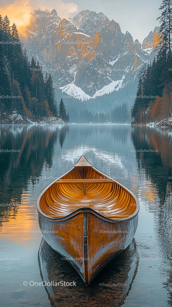 Wooden Boat on Serene Lake Amidst Majestic Mountain Landscape