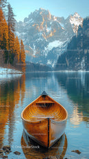 Wooden Boat on Tranquil Alpine Lake with Majestic Mountains