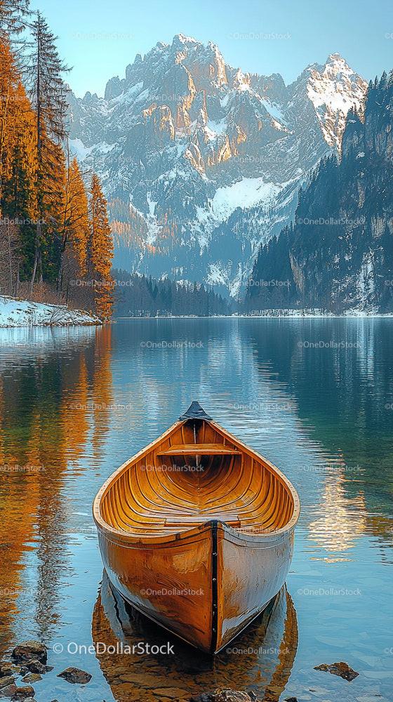 Wooden Boat on Tranquil Alpine Lake with Majestic Mountains