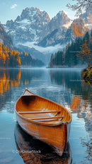 Wooden Boat on Tranquil Alpine Lake with Autumn Foliage