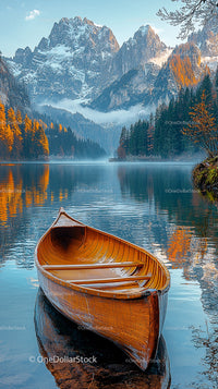 Wooden Boat on Tranquil Alpine Lake with Autumn Foliage