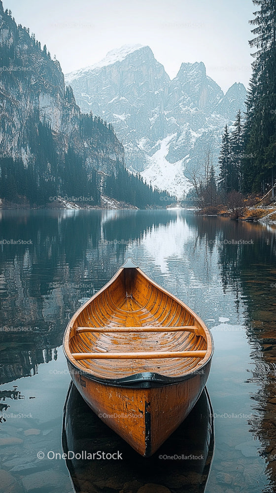 Wooden Canoe on Serene Mountain Lake with Snowy Peaks