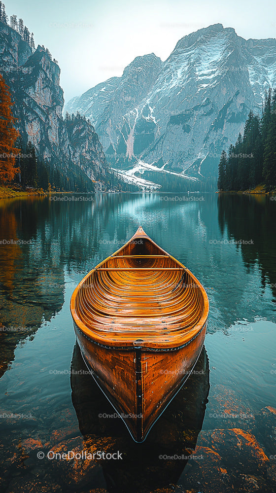 Wooden Boat on Tranquil Mountain Lake with Snowy Peaks