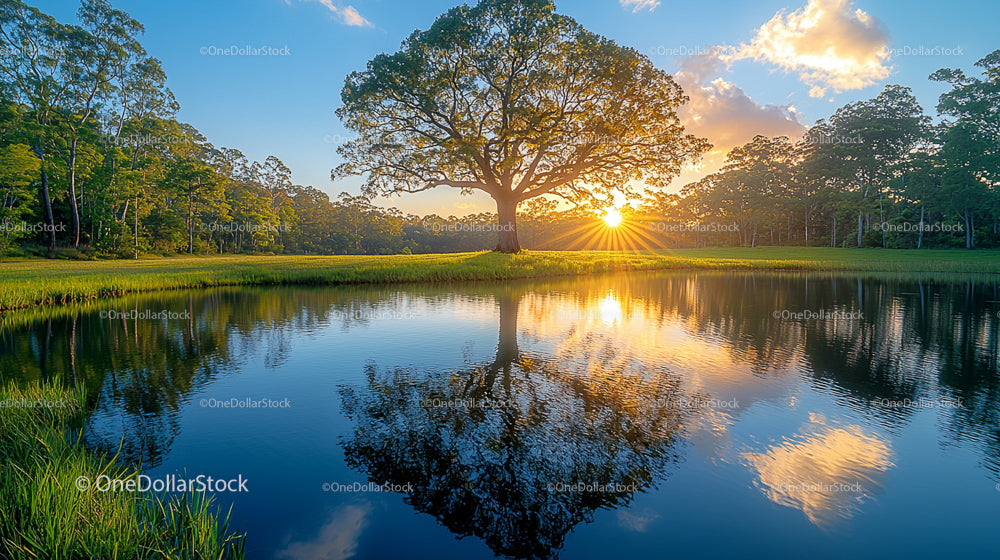 Majestic Tree Reflected in Tranquil Lake at Sunset
