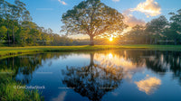 Majestic Tree Reflected in Tranquil Lake at Sunset