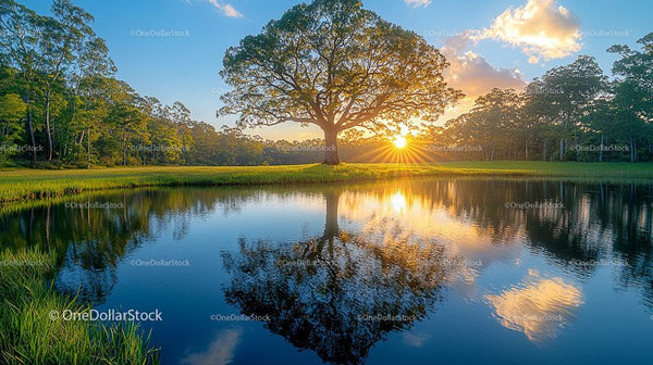 Majestic Tree Reflected in Tranquil Lake at Sunset