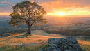 Majestic Tree Overlooking Serene Hills at Sunset