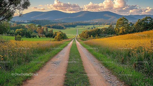 Scenic Dirt Road Through Lush Hills and Wildflower Fields