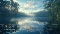 Serene Lake Reflecting Lush Forest and Sky at Dawn