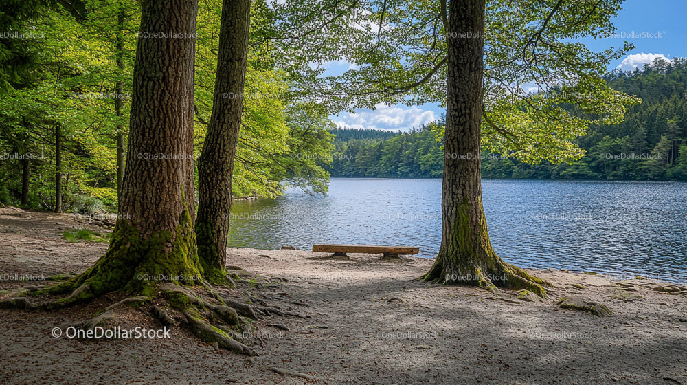 Serene Lakeside Forest with Bench and Tranquil Waters