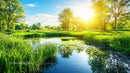 Lush Green Meadow Surrounding Reflective Pond on Sunny Day