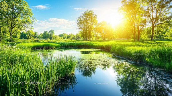 Soczysta zielona łąka otaczająca refleksyjne jezioro w słoneczny dzień