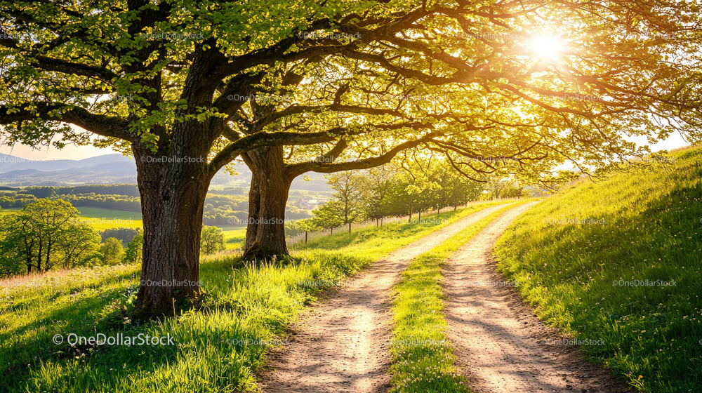 Picturesque Country Path Lined with Sunlit Oak Trees