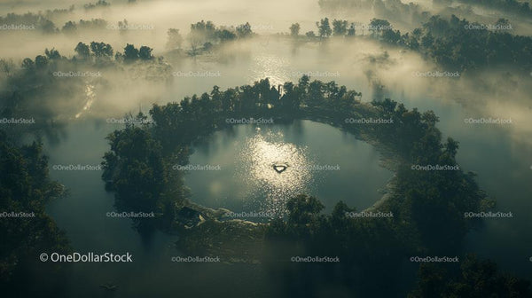 Aerial View of Misty Lake and Surrounding Forest at Dawn