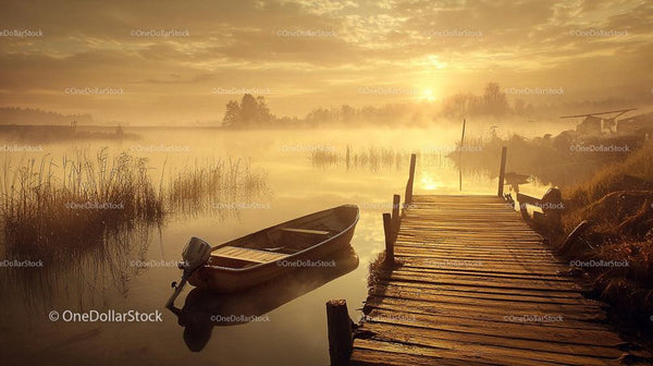 Serene Sunrise Over Misty Lake with Wooden Dock