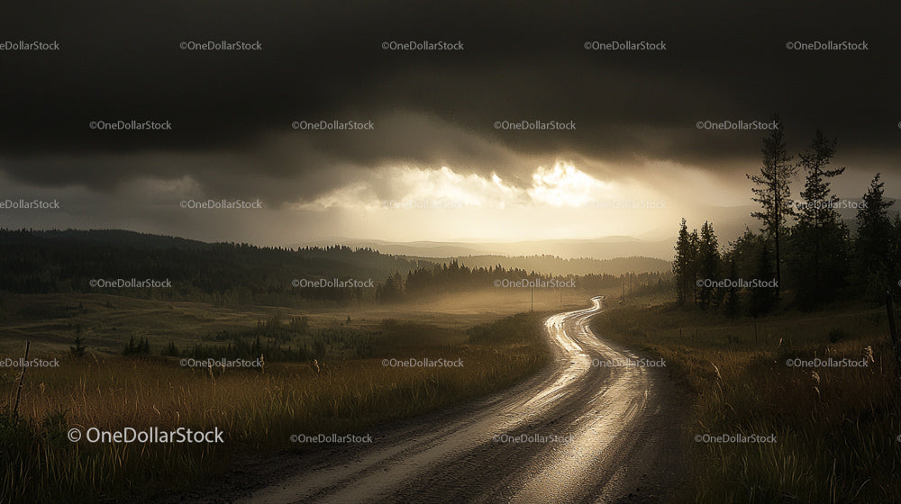 Scenic Winding Road at Sunset Under Stormy Skies