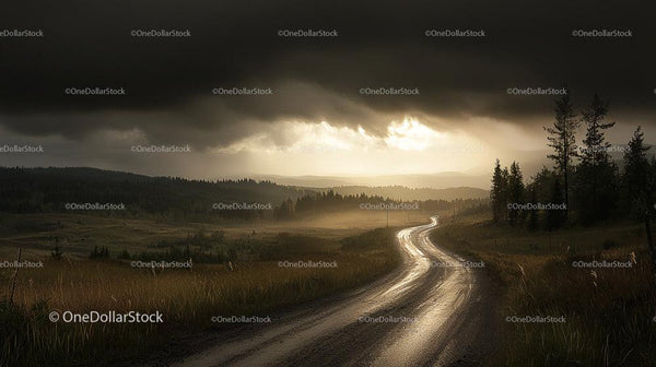 Scenic Winding Road at Sunset Under Stormy Skies