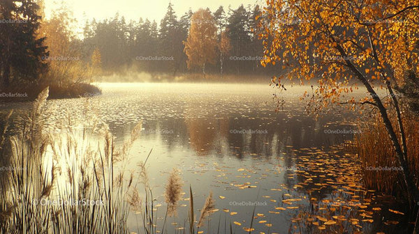Mglisty Jesienny Poranek nad Spokojnym Jeziorem