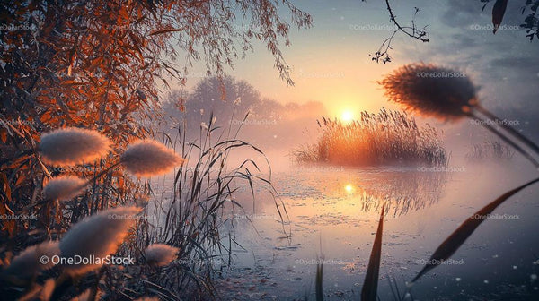 Misty Sunrise Over Tranquil Lake with Golden Reeds
