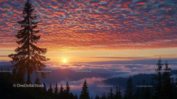 Majestic Sunset Over Misty Forest with Vibrant Clouds
