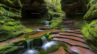 Moss-Covered Canyon with Cascading Waterfalls and Steps