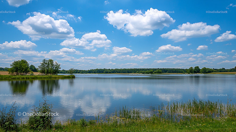 Calm Lake with Blue Sky and Fluffy Clouds Reflections