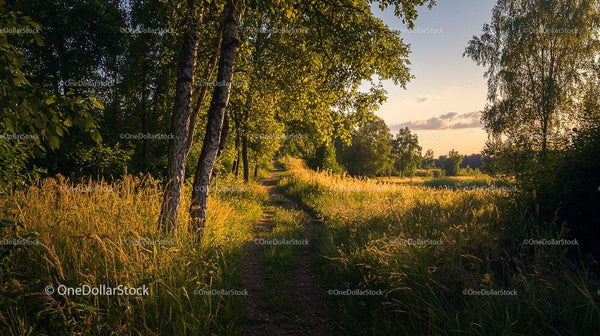Golden Hour Sunlight Illuminating a Serene Forest Path