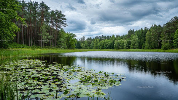 Tranquil Forest Lake with Water Lilies and Pine Trees