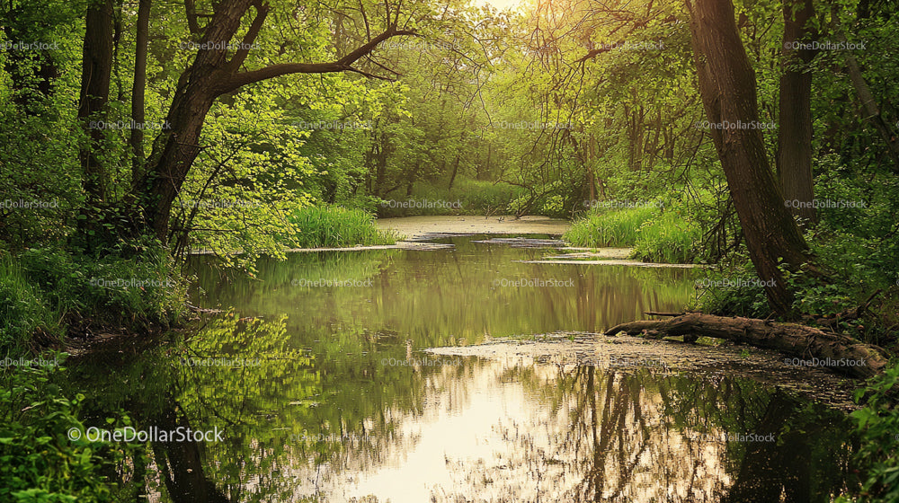 Spokojny leśny staw z bujną zielenią i słonecznymi refleksami