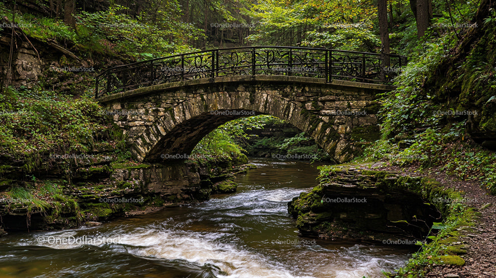 Stone Bridge Over Tranquil River in Lush Woodland
