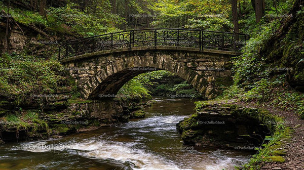 Stone Bridge Over Tranquil River in Lush Woodland