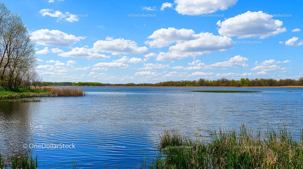 Tranquil Lake with Blue Sky and Fluffy Clouds