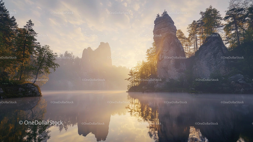 Majestic Rock Formations Reflecting in Misty Lake at Dawn