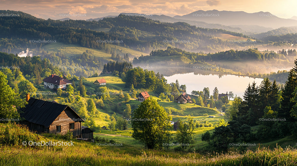 Misty Morning Over Lush Green Countryside and Lake