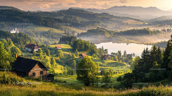 Mglisty Poranek nad Zieloną Wsią i Jeziorem