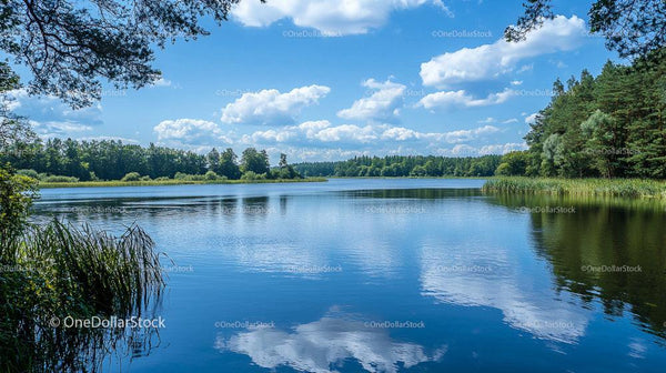 Serene Lake with Reflections Under a Blue Sky