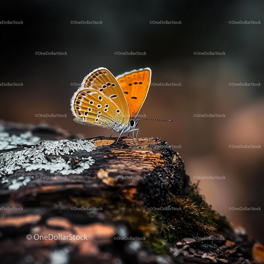 Orange Butterfly Resting on Mossy Tree Stump